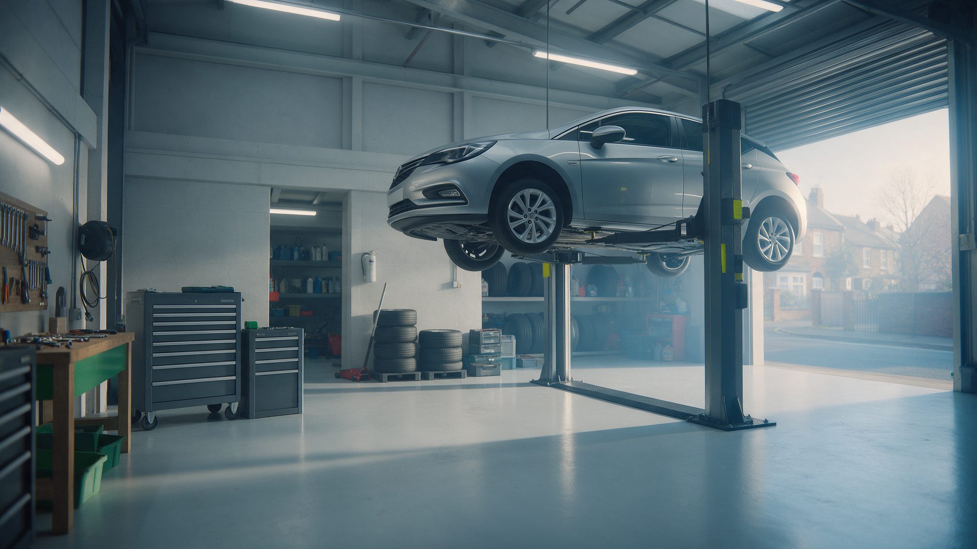 A clean, well lit garage workshop with a car raised on a vehicle lift