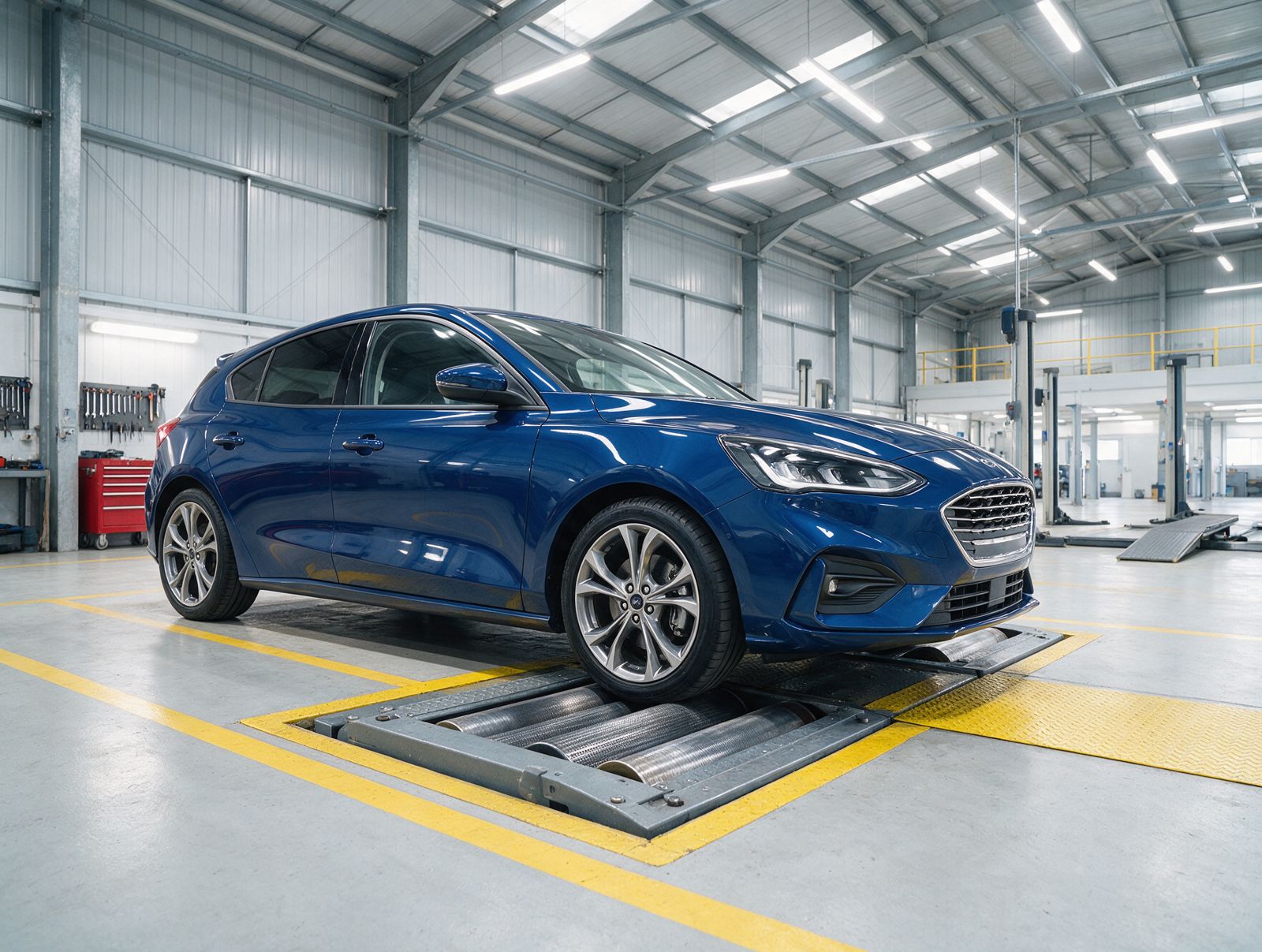 A car on a roller brake tester in an MOT bay