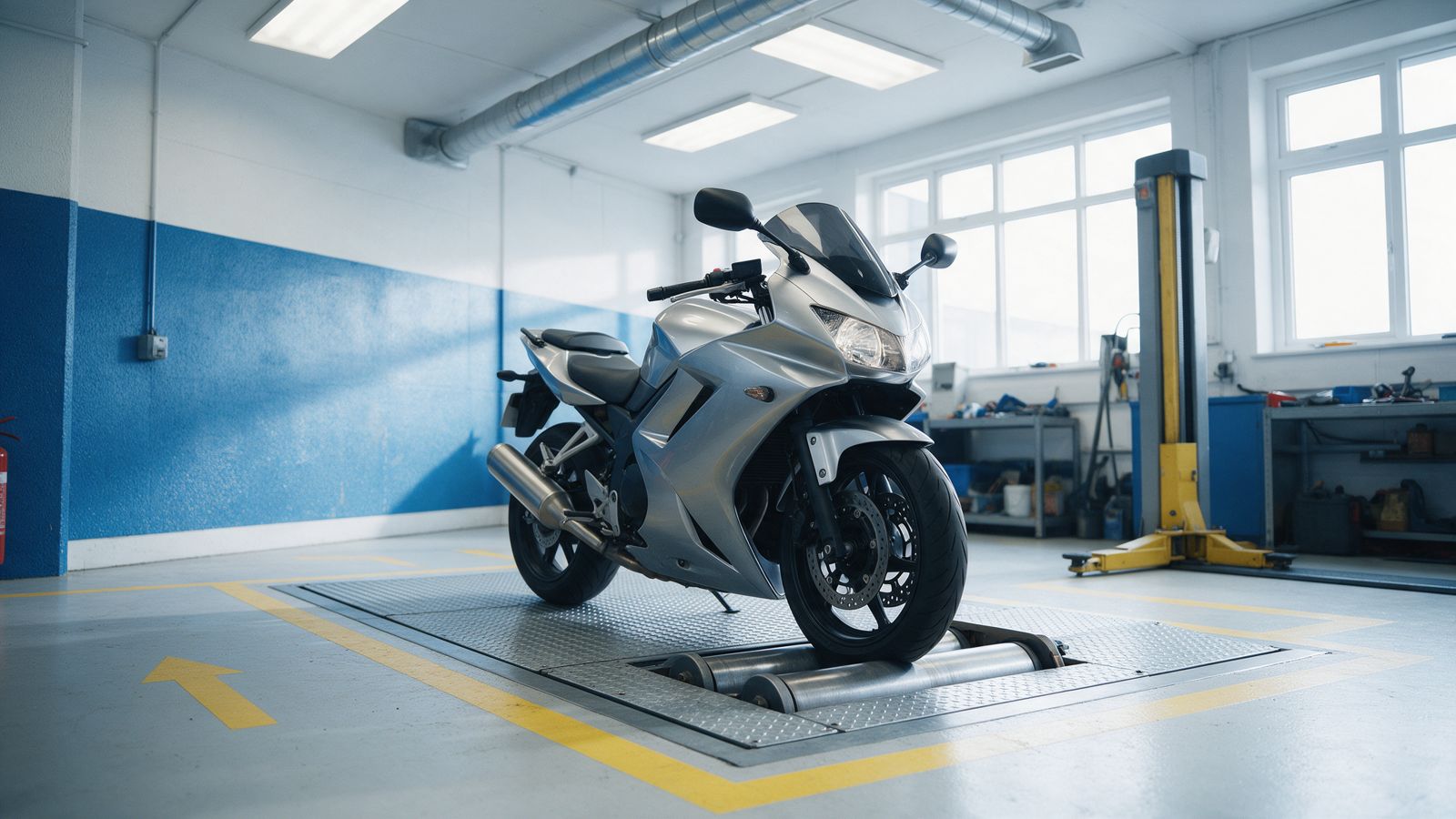 A motorcycle on a roller brake tester in a motorcycle MOT bay
