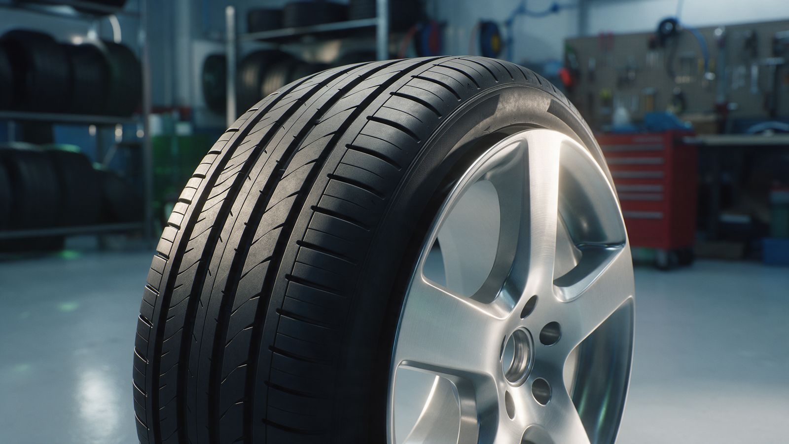 Close-up of a new tyre tread on an alloy wheel